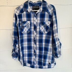Surplus XL Men’s Button Down Blue Plaid Casual Shirt Long Sleeve